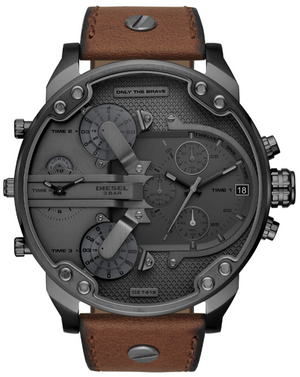 Diesel Mr Daddy Chronograph Grey Dial Brown Leather Strap Watch For Men - DZ7413