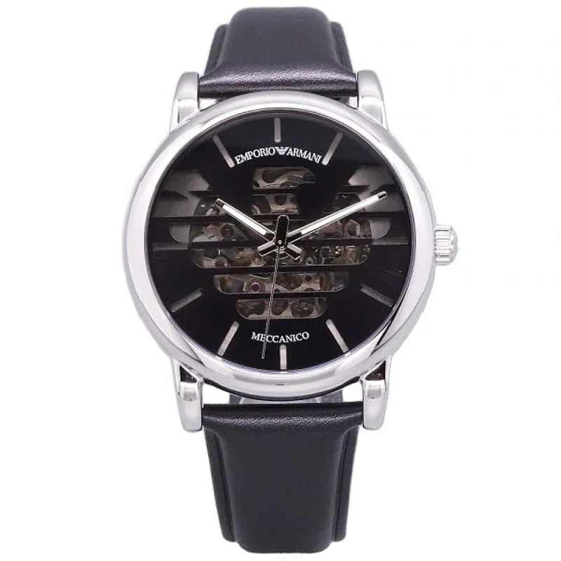 Emporio Armani Meccanico Automatic Skeleton Black Dial Black Leather Strap Watch For Men - AR60040