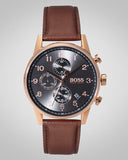 Hugo Boss Navigator Chronograph Grey Dial Brown Leather Strap Watch for Men - 1513496