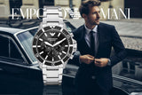 Emporio Armani Diver Chronograph Black Dial Silver Steel Strap Watch For Men - AR11360