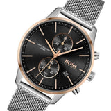 Hugo Boss Associate Chronograph Black Dial Silver Mesh Bracelet Watch for Men - 1513805