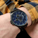 Tommy Hilfiger Shawn Multifunction Quartz Blue Dial Black Leather Strap Watch for Men - 1791616