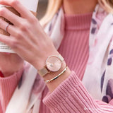 Daniel Wellington Petite Melrose Pink Dial Rose Gold Mesh Strap Watch For Women - DW00100368