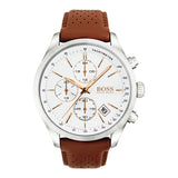 Hugo Boss Grand Prix Chronograph White Dial Brown Leather Strap Watch for Men - 1513475