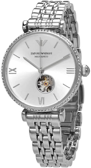Emporio Armani Meccanico Gianni T-Bar Automatic Silver Dial Silver Steel Strap Watch For Women - AR60022