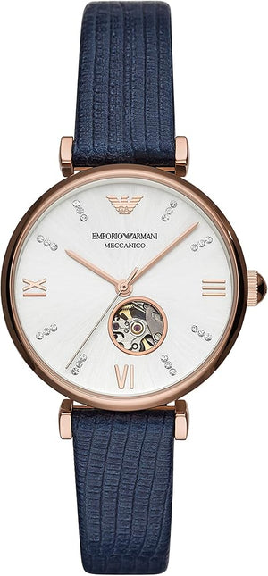 Emporio Armani Meccanico Gianni T-Bar Silver Dial Blue Leather Strap Watch For Women - AR60020