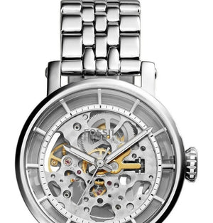 Fossil Boyfriend Automatic Skeleton Silver Dial Silver Steel Strap Watch for Women - ME3067