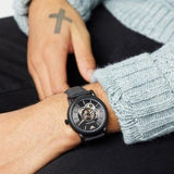 Emporio Armani Luigi Automatic Skeleton Black Dial Black Leather Strap Watch For Men - AR60012