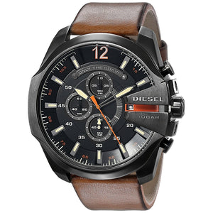 Diesel Mega Chief Chronograph Black Dial Brown Leather Strap Watch For Men - DZ4343