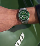 Fossil Sport Tourer Chronograph Green Dial Silver Steel Strap Watch for Men - FS6048