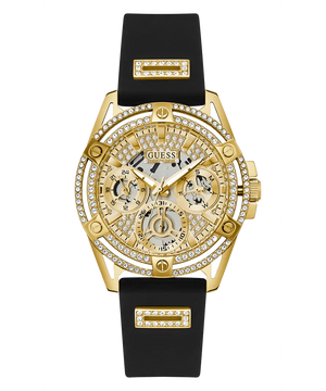 Guess Queen Quartz Gold Dial Black Silicone Strap Watch For Women - GW0536L3