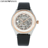 Emporio Armani Zeta Automatic Skeleton Silver Dial Black Leather Strap Watch For Men - AR60018