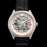 Emporio Armani Zeta Automatic Skeleton Silver Dial Black Leather Strap Watch For Men - AR60018