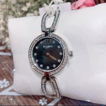 Bulova Crystal Black Mother of Pearl Dial Silver Steel Strap Watch for Women - 96L224