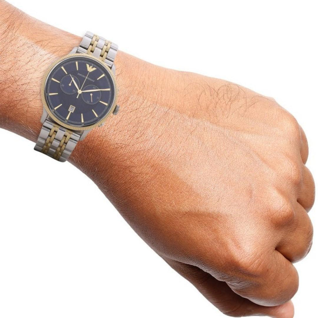 Emporio Armani Classic Blue Dial Two Tone Steel Strap Watch For Men - AR1847