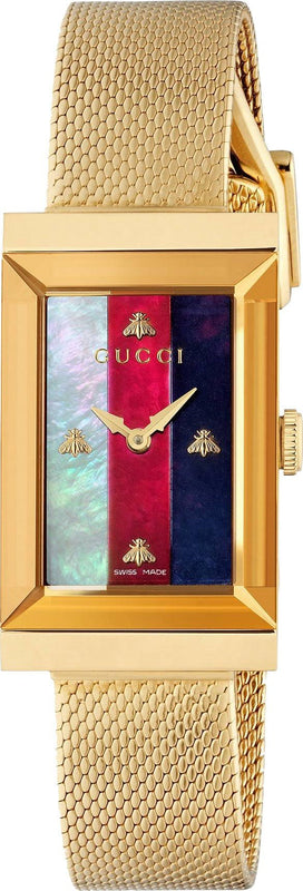 Gucci G-Frame Mother of Pearl Dial Yellow Gold Mesh Bracelet Watch For Women - YA147410