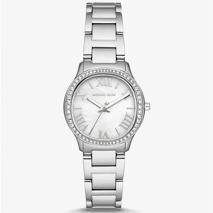 Michael Kors Sage Three-Hand Mother of Pearl White Dial Silver Steel Strap Watch for Women - MK4824