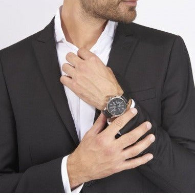Hugo Boss Jet Black Dial Black Leather Strap Watch for Men - 1513279