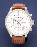 Hugo Boss Grand Prix Chronograph White Dial Brown Leather Strap Watch for Men - 1513475