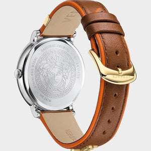 Versace V-Circle Silver Dial Brown Leather Strap Watch for Women - VBP03017