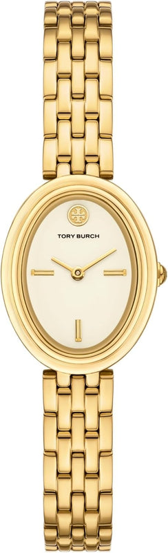 Tory Burch Oval White Dial Gold Steel Strap Watch for Women - TBW6032