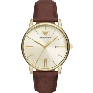 Emporio Armani Minimalist Quartz Gold Dial Brown Leather Strap Watch for Men - AR11610