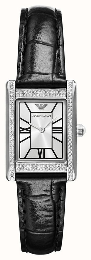 Emporio Armani Two Hand Crystals Silver Dial Black Leather Strap Watch for Women - AR11623
