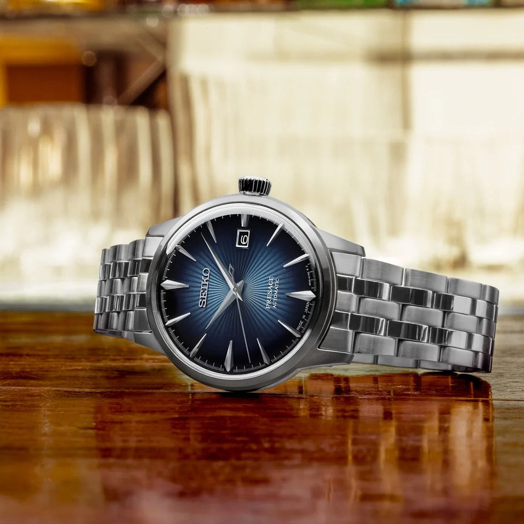 Seiko Presage Cocktail Time Automatic Blue Dial Silver Steel Strap Watch for Men - SRPB41J1