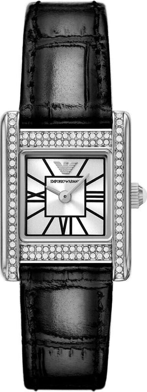 Emporio Armani Classic Crystals Silver Dial Black Leather Strap Watch for Women - AR11660