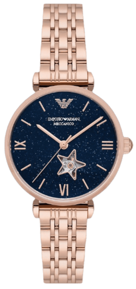 Emporio Armani Meccanico Gianni T Bar Blue Dial Rose Gold Steel Strap Watch For Women - AR60043
