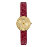 Versace Virtus Mini Quartz Gold Dial Red Leather Strap Watch For Women - VET300521